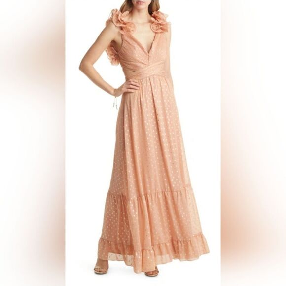 VICI SHIMMER CHIFFON RUFFLE CUTOUT MAXI DRESS IN ICED MANGO NWT sz XL polka dot - Picture 1 of 5